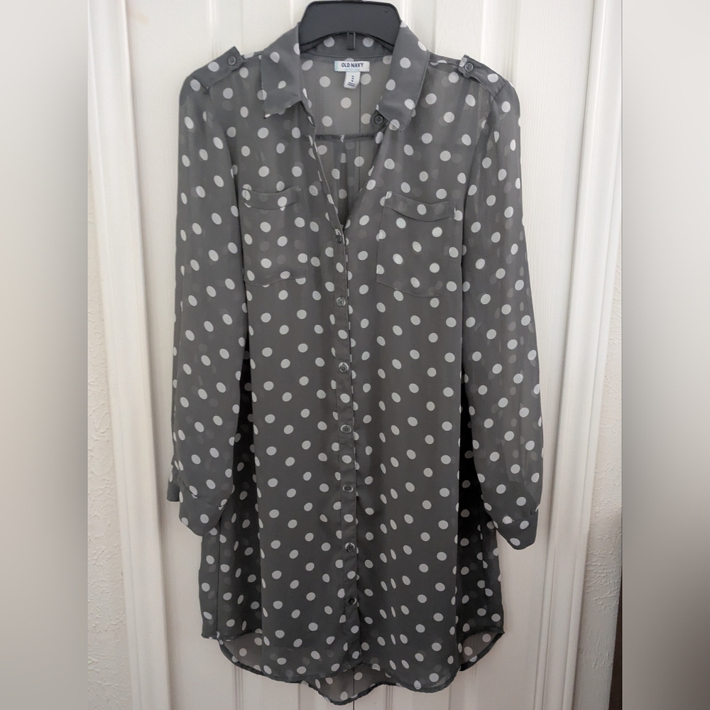 Gray and White Long Sleeve Polka Dot Shirt Dress